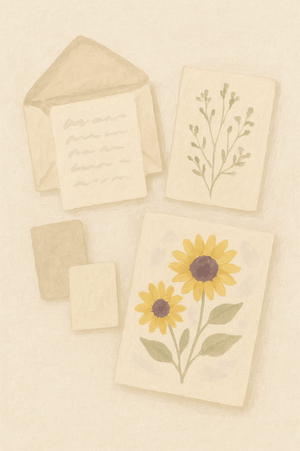 A soft watercolor flat-lay of an opened letter, a pressed-flower print, a seed card, and a nudge card.